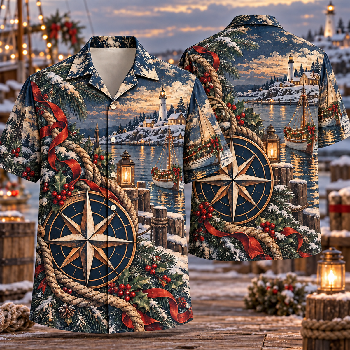 Digital mockup: front and back of one AlohaVero Christmas Engraved Compass Winter Harbor Navy Copper Ivory No Pocket Hawaiian shirt