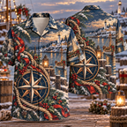 Digital mockup: front and back of one AlohaVero Christmas Engraved Compass Winter Harbor Navy Copper Ivory No Pocket Hawaiian shirt