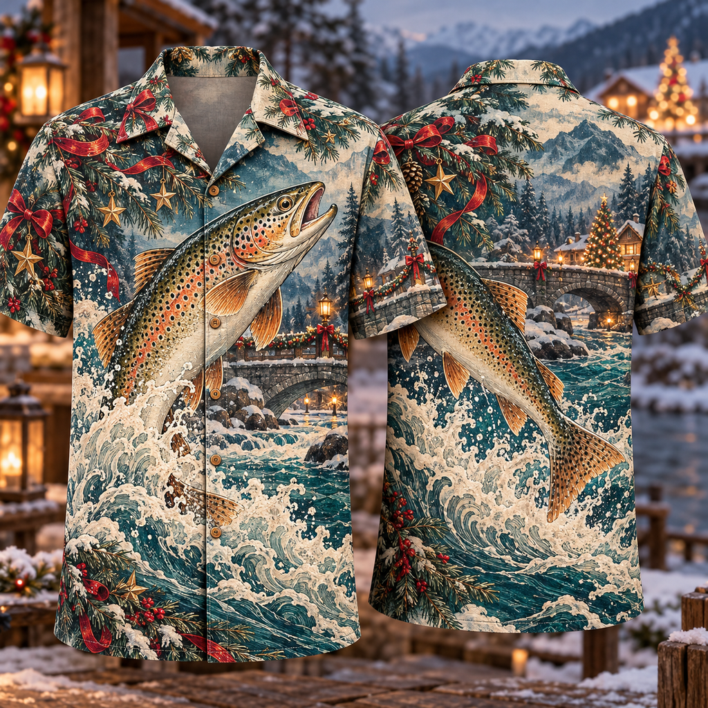 Digital mockup: front and back of one AlohaVero Christmas Engraved Trout Snow River Copper Teal Ivory No Pocket Hawaiian shirt