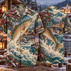 Digital mockup: front and back of one AlohaVero Christmas Engraved Trout Snow River Copper Teal Ivory No Pocket Hawaiian shirt