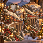 Digital mockup: front and back of one AlohaVero Christmas Engraved Wood Illusion Snowy Railway Mountain Bridge Ruby Locomotive No Pocket Hawaiian shirt