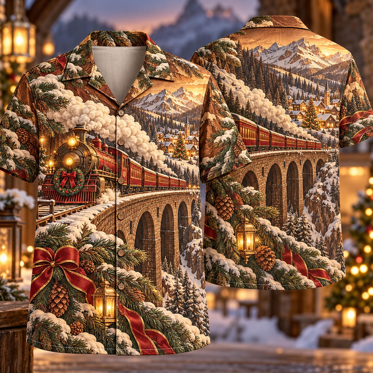 Digital mockup: front and back of one AlohaVero Christmas Engraved Wood Illusion Snowy Railway Mountain Bridge Ruby Locomotive No Pocket Hawaiian shirt
