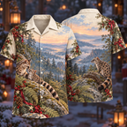 Digital mockup: front and back of one AlohaVero Christmas Fanaloka Peach Dawn Family No Pocket Hawaiian shirt