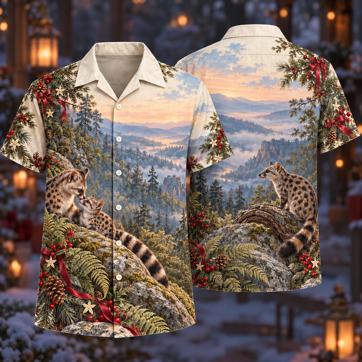 Digital mockup: front and back of one AlohaVero Christmas Fanaloka Peach Dawn Family No Pocket Hawaiian shirt