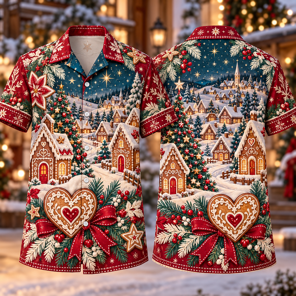 Digital mockup: front and back of one AlohaVero Christmas Folk Art Patchwork Gingerbread Village Ruby Teal No Pocket Hawaiian shirt