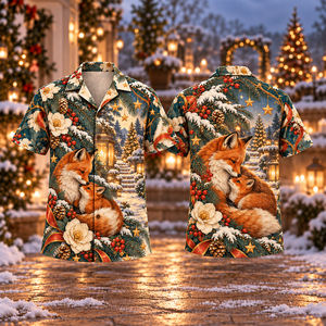 Christmas Fox Cub Shelter Russet Petrol Ivory Hawaiian Shirt
