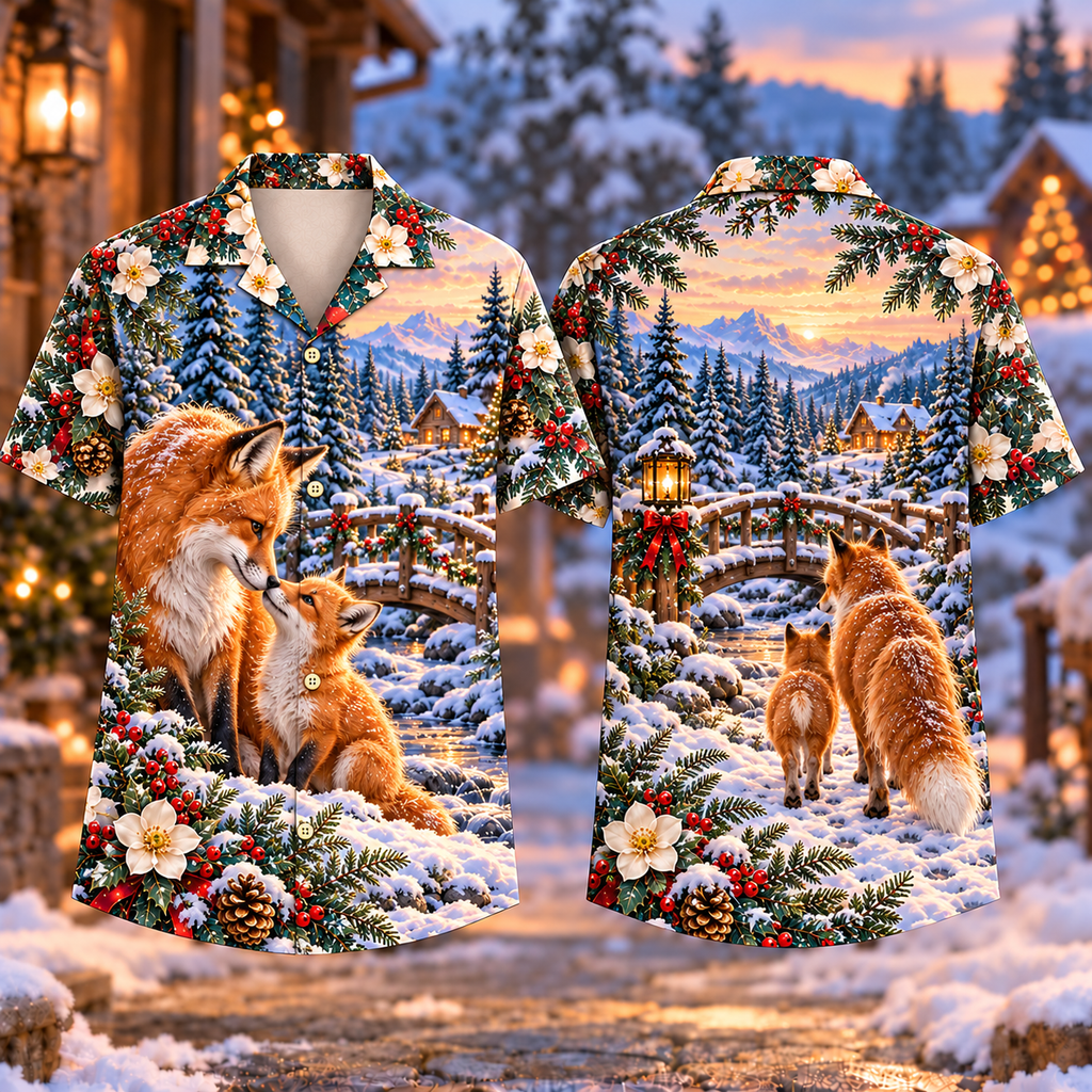 Digital mockup: front and back of one AlohaVero Christmas Fox Mother and Cub Snowy Footbridge No Pocket Hawaiian shirt