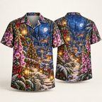 Digital mockup: front and back of one AlohaVero Christmas Foxglove Fairy Lantern Forest No Pocket Hawaiian shirt