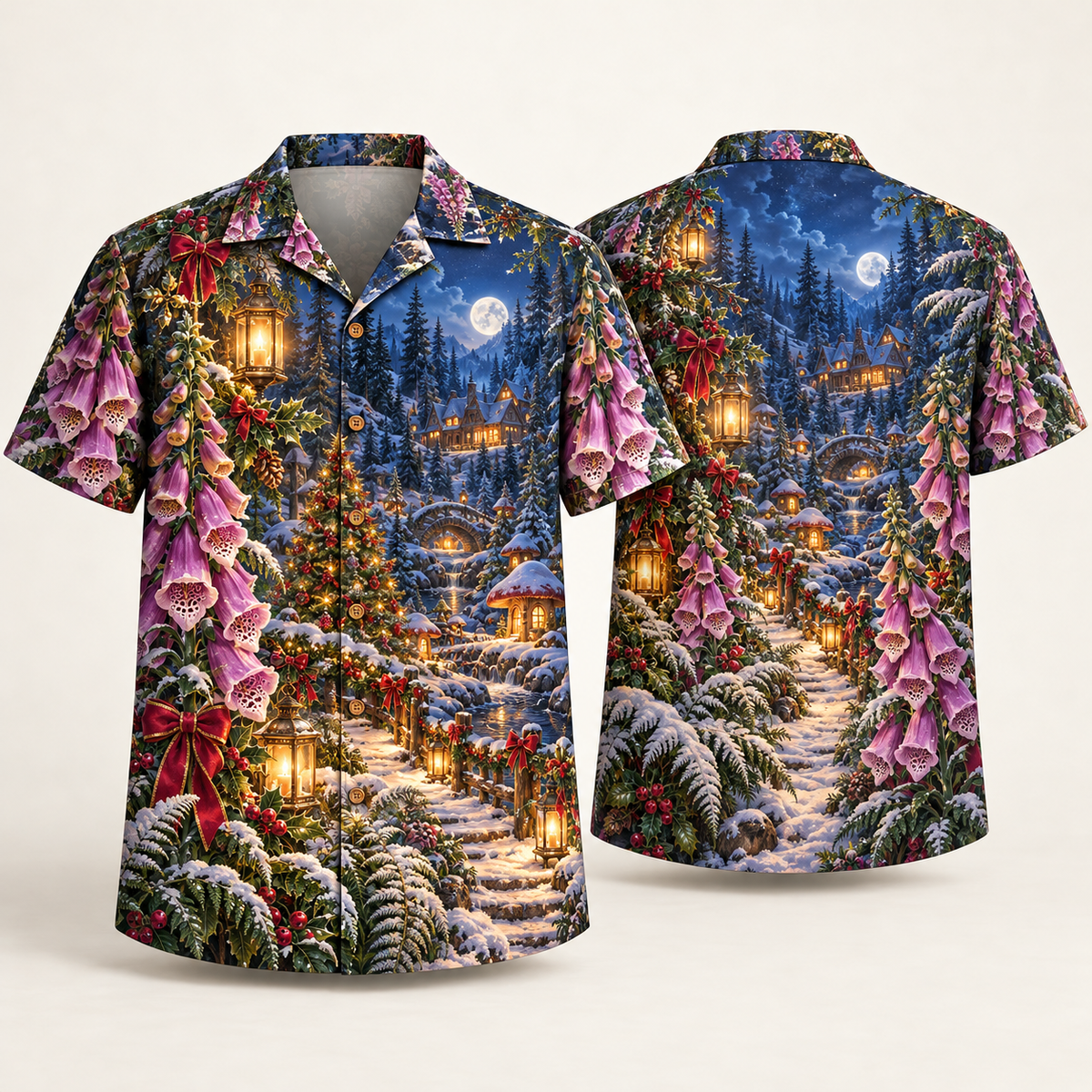 Digital mockup: front and back of one AlohaVero Christmas Foxglove Fairy Lantern Forest No Pocket Hawaiian shirt