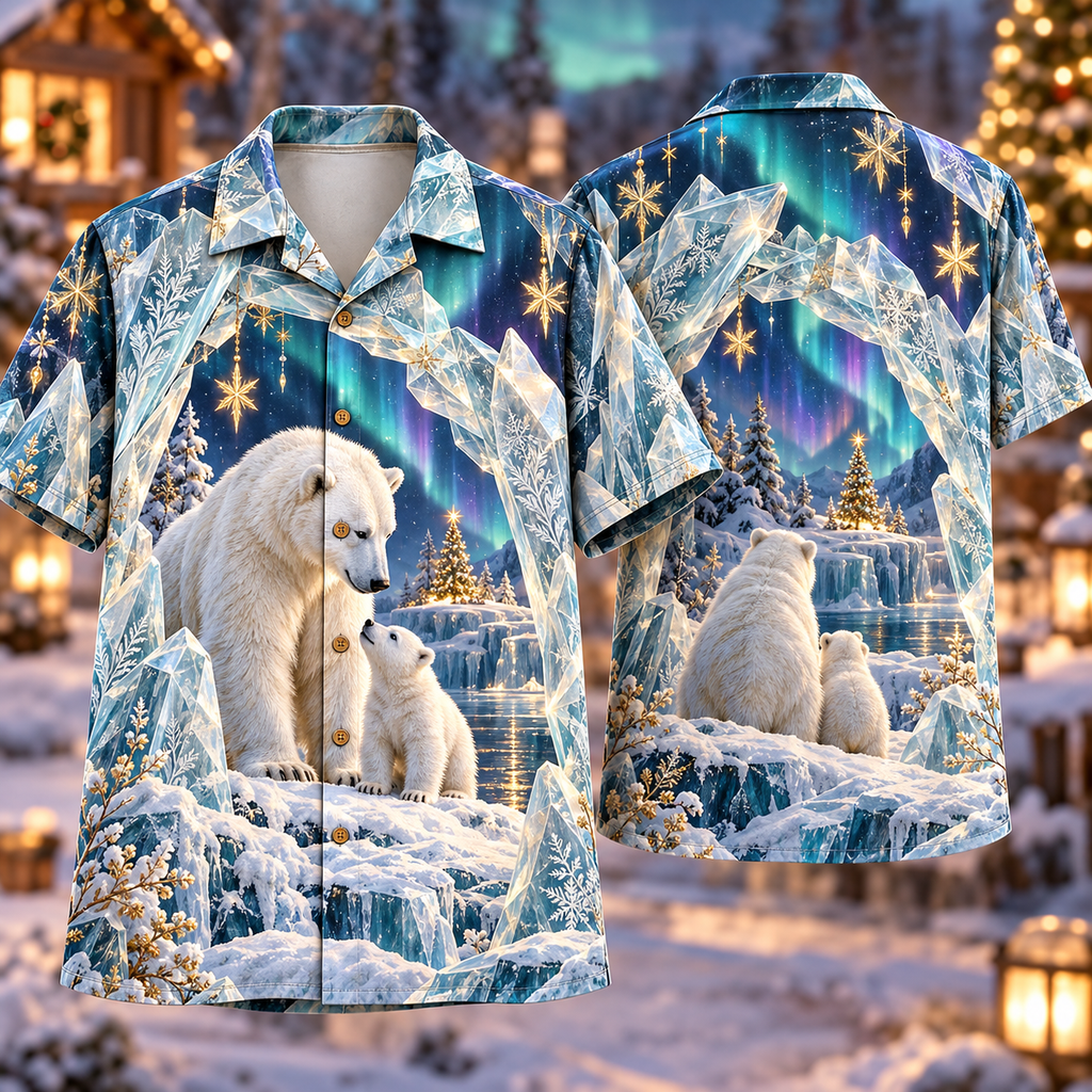 Digital mockup: front and back of one AlohaVero Christmas Frosted Glass Illusion Polar Bear Aurora Crystal Arch No Pocket Hawaiian shirt