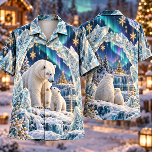 Christmas Frosted Glass Illusion Polar Bear Aurora Crystal Arch Hawaiian Shirt