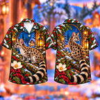 Digital mockup: front and back of one AlohaVero Christmas Genet Lantern Branch Print No Pocket Hawaiian shirt