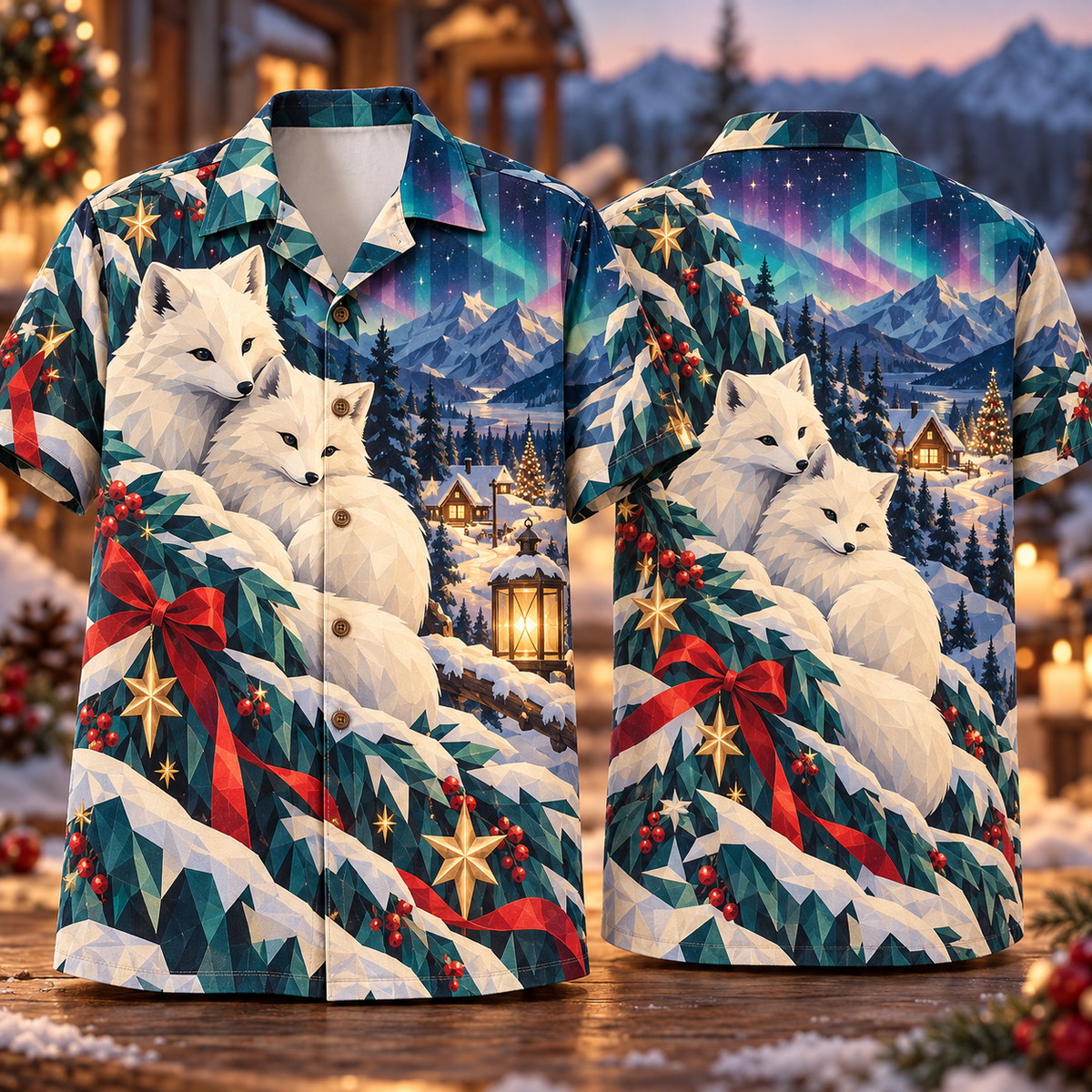 Digital mockup: front and back of one AlohaVero Christmas Geometric Arctic Fox Aurora Teal Ivory Violet No Pocket Hawaiian shirt