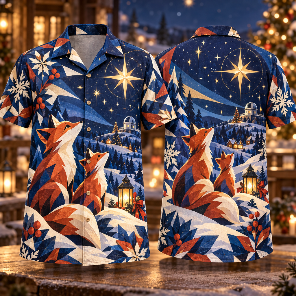 Digital mockup: front and back of one AlohaVero Christmas Geometric Fox Stargazing Cobalt Rust Ivory No Pocket Hawaiian shirt