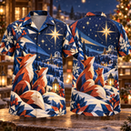 Digital mockup: front and back of one AlohaVero Christmas Geometric Fox Stargazing Cobalt Rust Ivory No Pocket Hawaiian shirt