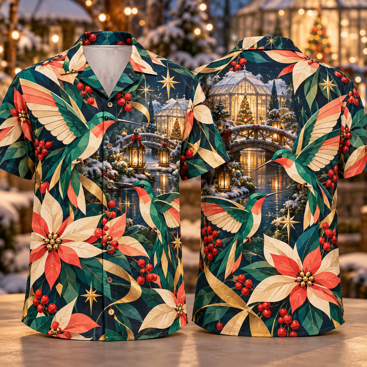 Digital mockup: front and back of one AlohaVero Christmas Geometric Hummingbird Garden Emerald Coral Ivory No Pocket Hawaiian shirt