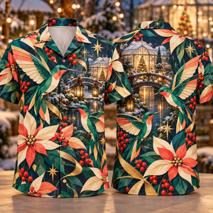 Christmas Geometric Hummingbird Garden Emerald Coral Ivory Hawaiian Shirt