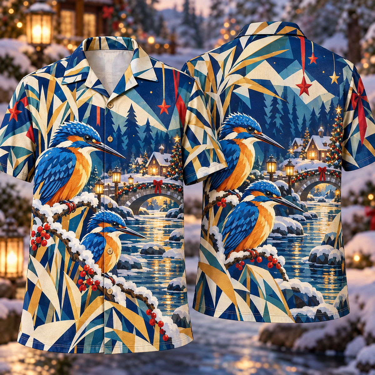 Digital mockup: front and back of one AlohaVero Christmas Geometric Kingfisher Stream Cobalt Amber Ivory No Pocket Hawaiian shirt