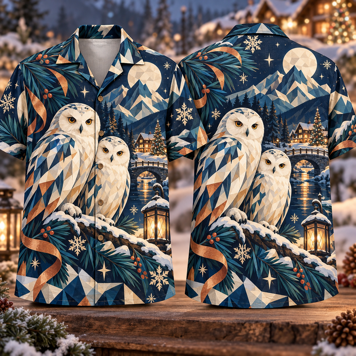 Digital mockup: front and back of one AlohaVero Christmas Geometric Owl Moon Mountain Sapphire Copper Ivory No Pocket Hawaiian shirt