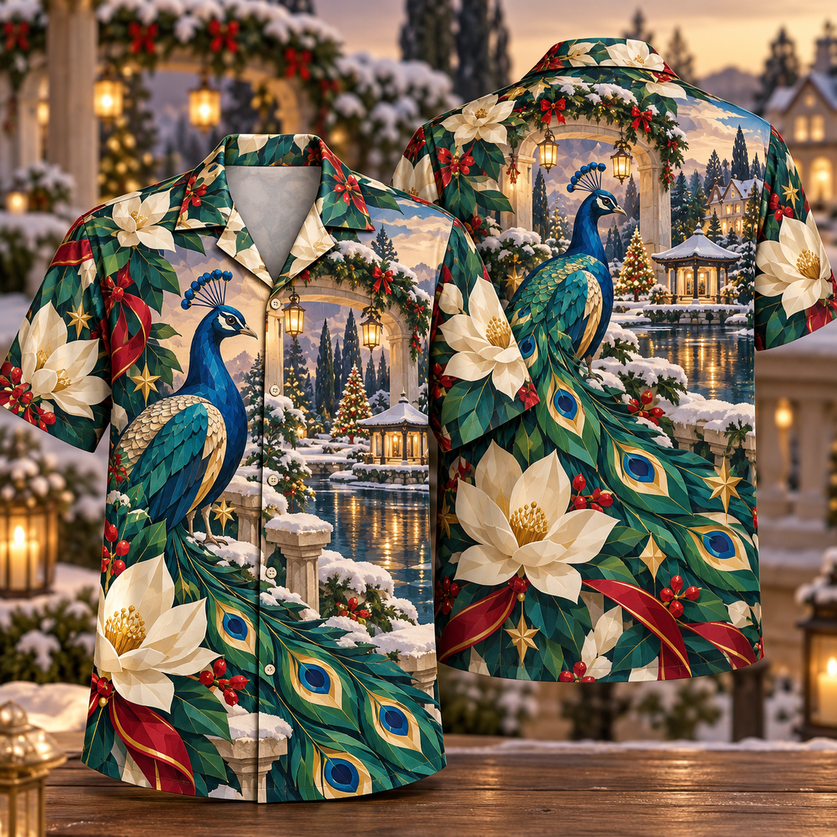 Digital mockup: front and back of one AlohaVero Christmas Geometric Peacock Winter Garden Sapphire Emerald Ivory No Pocket Hawaiian shirt