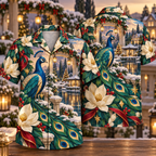 Digital mockup: front and back of one AlohaVero Christmas Geometric Peacock Winter Garden Sapphire Emerald Ivory No Pocket Hawaiian shirt