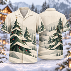 Digital mockup: front and back of one AlohaVero Christmas Geometric Pine Ivory Snow Planes No Pocket Hawaiian shirt