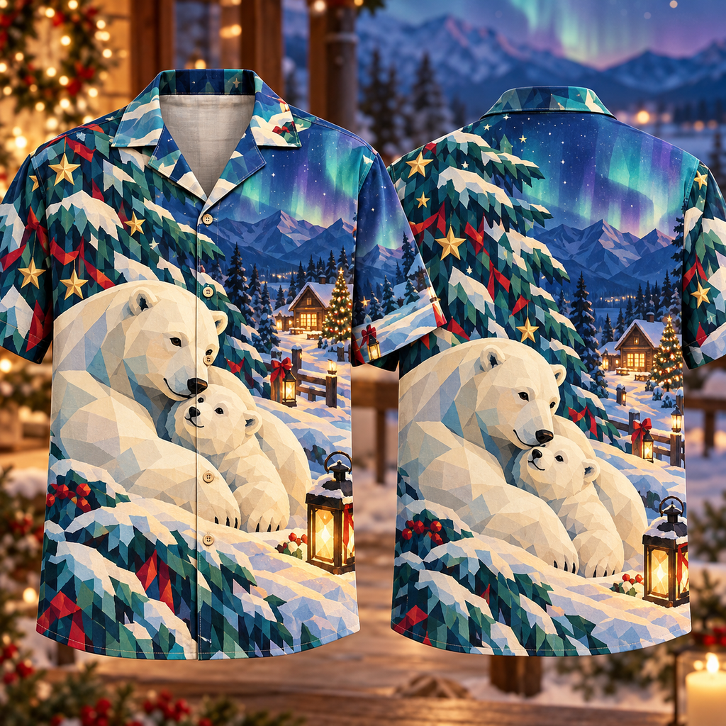 Digital mockup: front and back of one AlohaVero Christmas Geometric Polar Bear Aurora Cobalt Ivory Teal No Pocket Hawaiian shirt