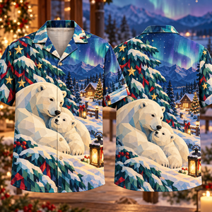 Christmas Geometric Polar Bear Aurora Cobalt Ivory Teal Hawaiian Shirt