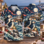 Digital mockup: front and back of one AlohaVero Christmas Geometric Puffin Moon Coast Navy Coral Ivory No Pocket Hawaiian shirt