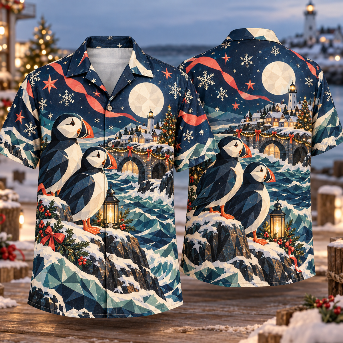 Digital mockup: front and back of one AlohaVero Christmas Geometric Puffin Moon Coast Navy Coral Ivory No Pocket Hawaiian shirt