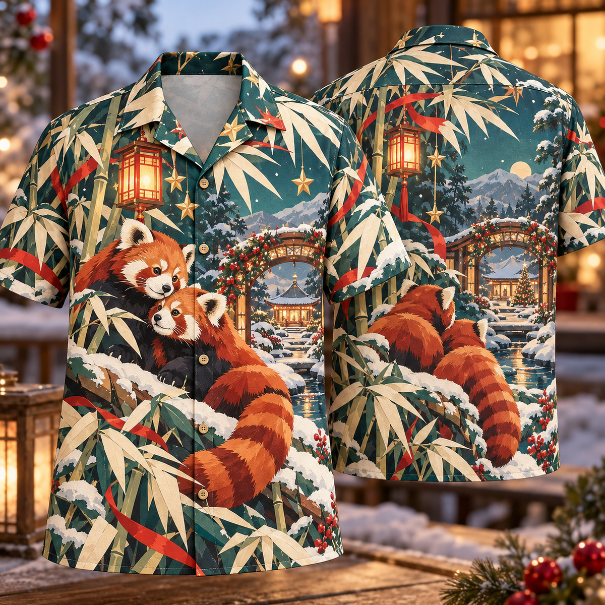 Digital mockup: front and back of one AlohaVero Christmas Geometric Red Panda Bamboo Russet Teal Ivory No Pocket Hawaiian shirt