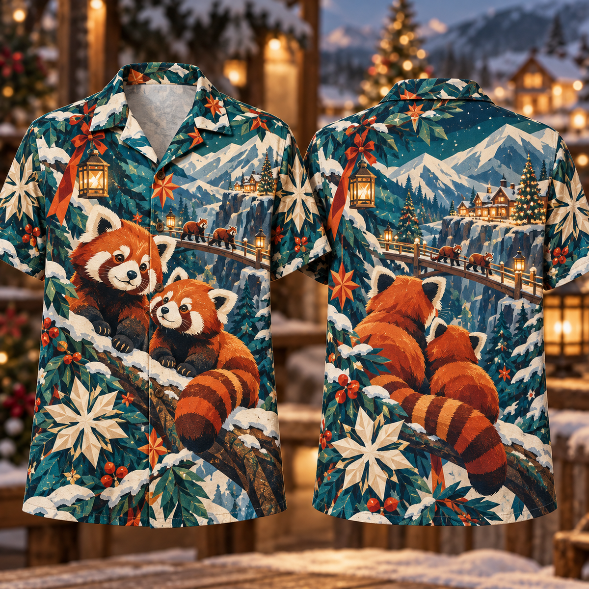 Digital mockup: front and back of one AlohaVero Christmas Geometric Red Panda Lantern Mountain Teal Rust Cream No Pocket Hawaiian shirt