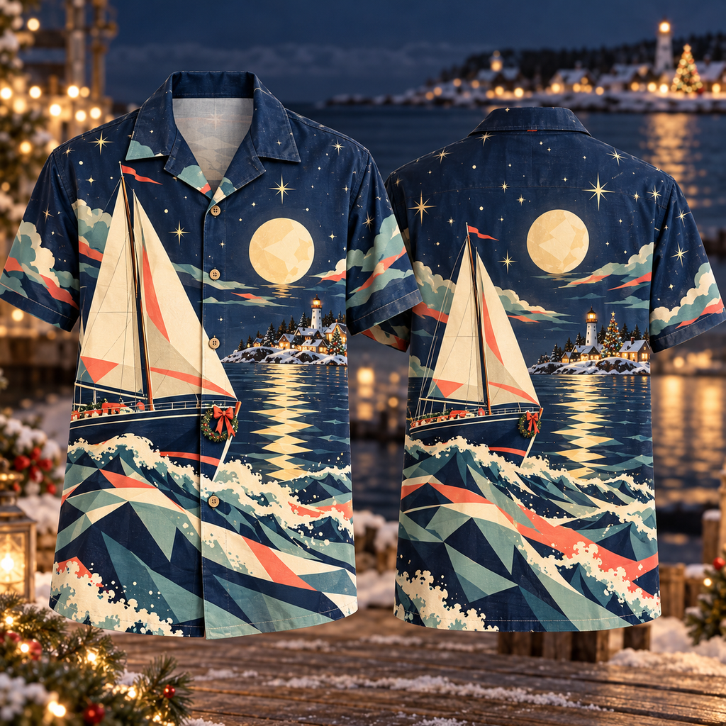 Digital mockup: front and back of one AlohaVero Christmas Geometric Sailboat Moon Harbor Navy Coral Cream No Pocket Hawaiian shirt