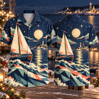 Digital mockup: front and back of one AlohaVero Christmas Geometric Sailboat Moon Harbor Navy Coral Cream No Pocket Hawaiian shirt