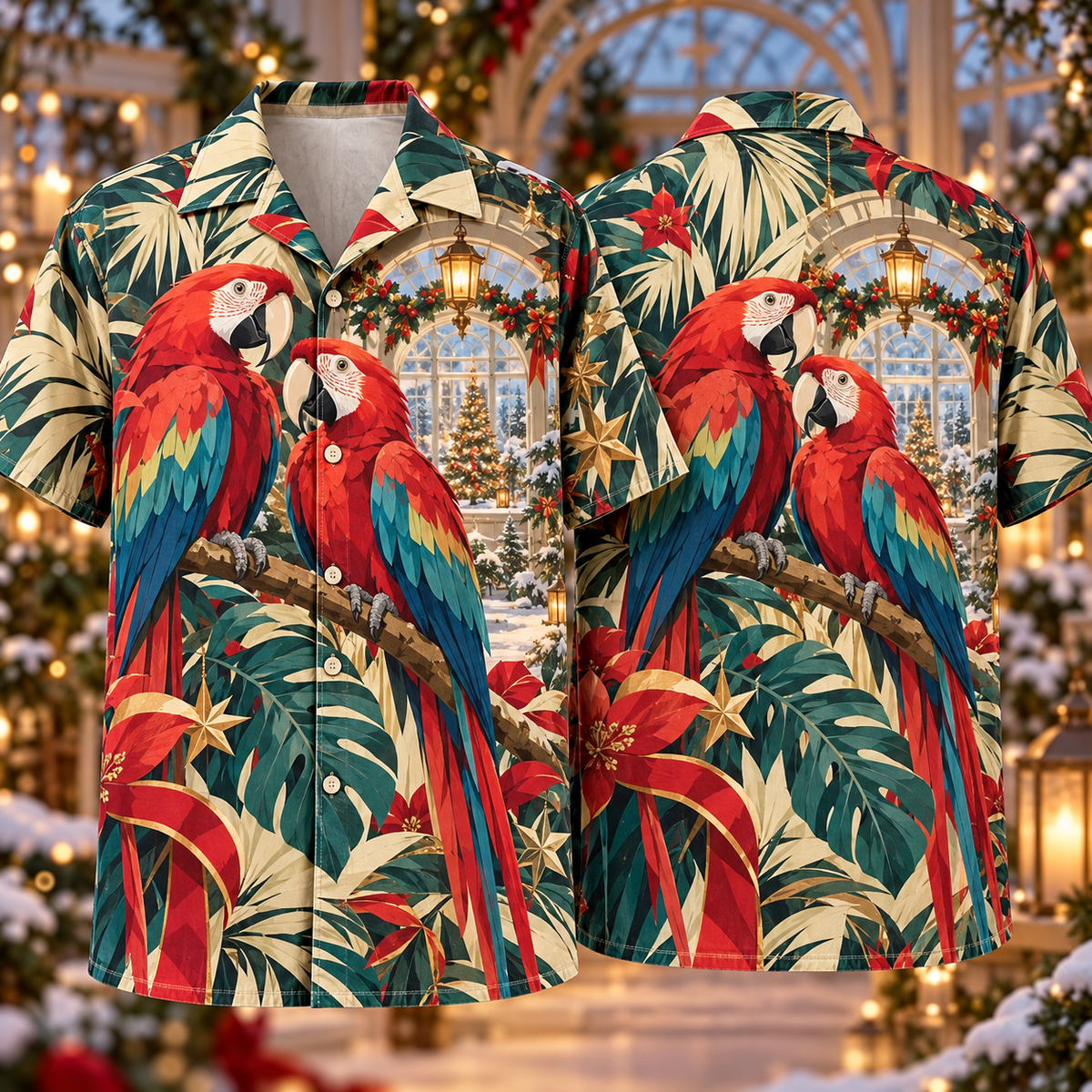 Digital mockup: front and back of one AlohaVero Christmas Geometric Scarlet Macaw Conservatory Ruby Teal Ivory No Pocket Hawaiian shirt