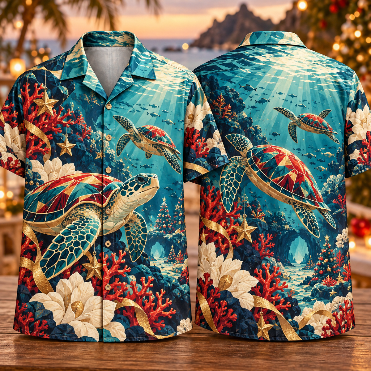 Digital mockup: front and back of one AlohaVero Christmas Geometric Sea Turtle Coral Reef Teal Ruby Ivory No Pocket Hawaiian shirt