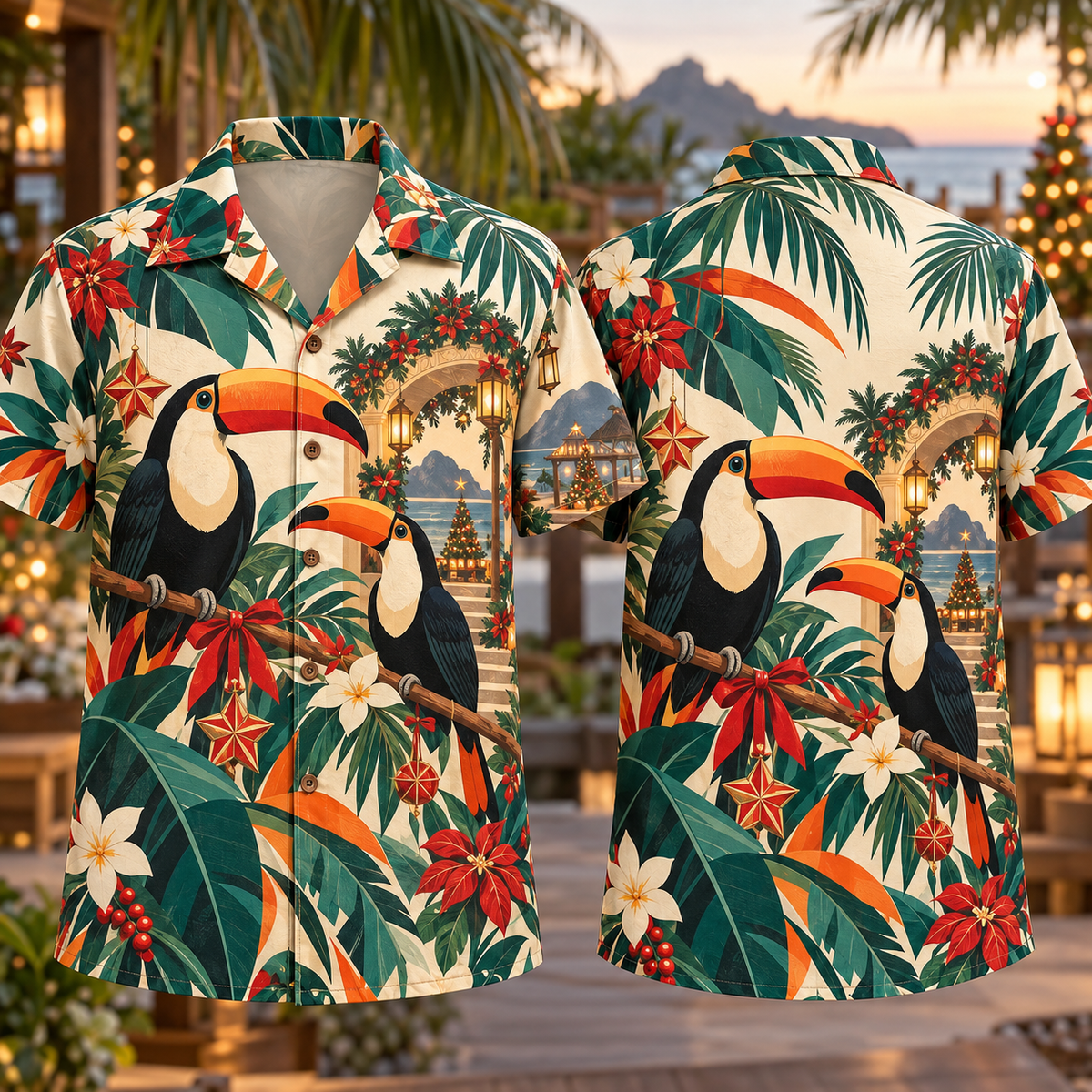 Digital mockup: front and back of one AlohaVero Christmas Geometric Toucan Tropical Palms Jade Tangerine Ivory No Pocket Hawaiian shirt