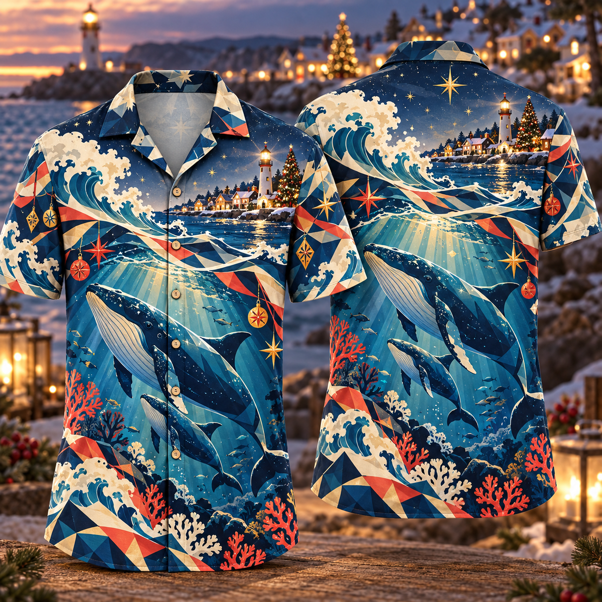 Digital mockup: front and back of one AlohaVero Christmas Geometric Whale Ocean Stars Sapphire Coral Ivory No Pocket Hawaiian shirt