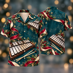 Digital mockup: front and back of one AlohaVero Christmas Glockenspiel Silver Teal No Pocket Hawaiian shirt