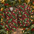 Digital mockup: front and back of one AlohaVero Christmas Gold Dust Aspidistra Wine Aloha No Pocket Hawaiian shirt