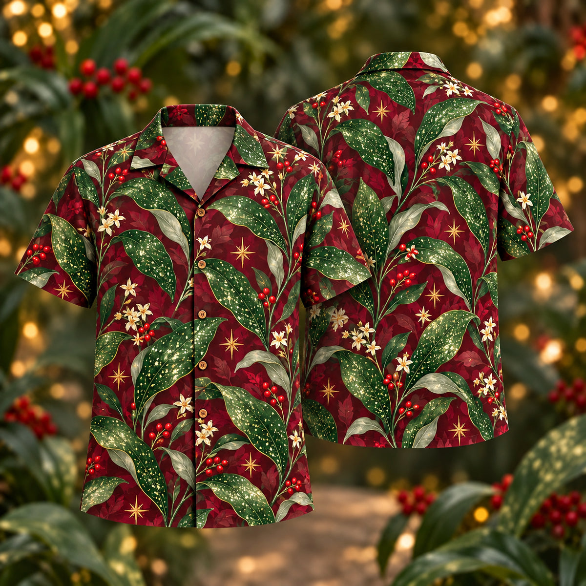 Digital mockup: front and back of one AlohaVero Christmas Gold Dust Aspidistra Wine Aloha No Pocket Hawaiian shirt