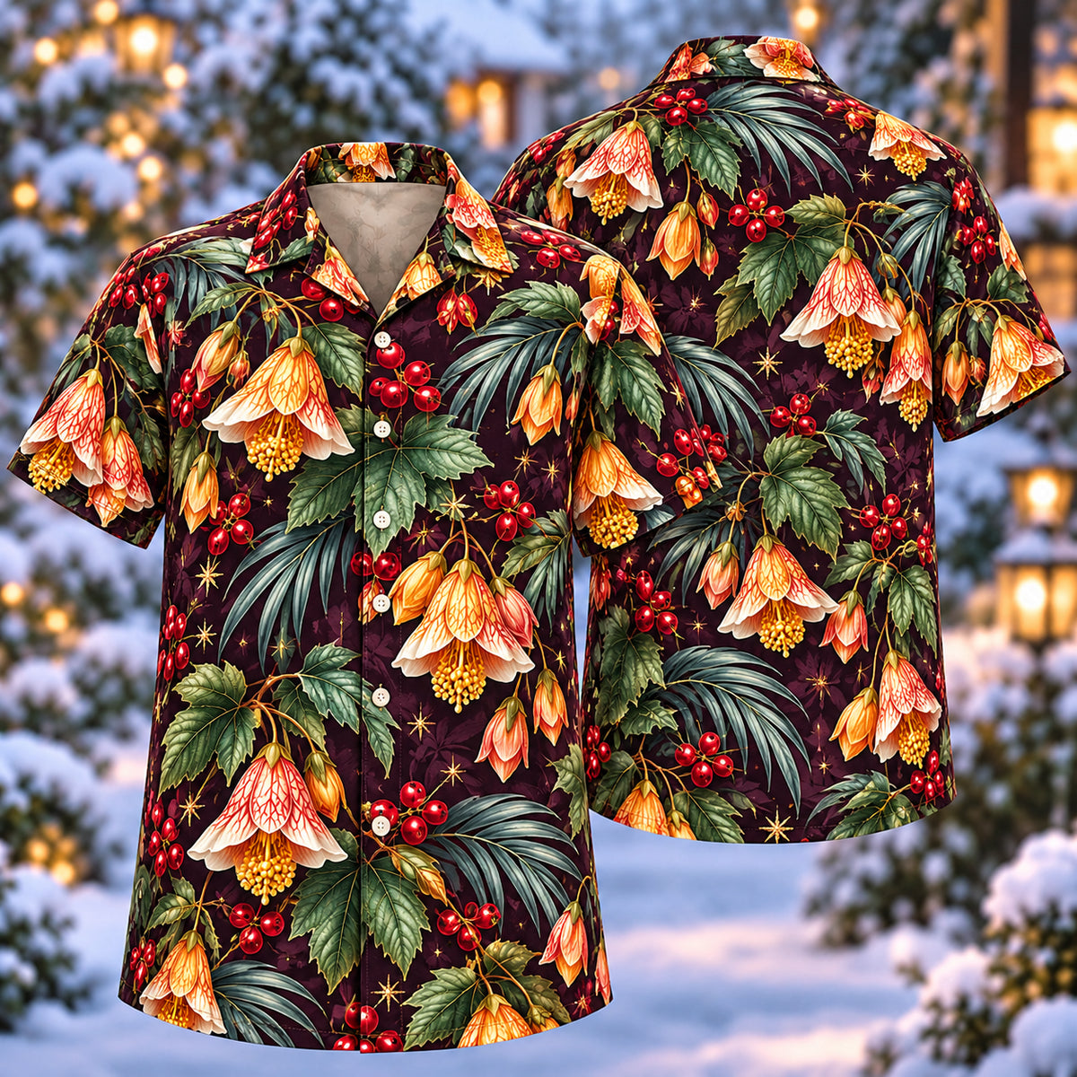 Digital mockup: front and back of one AlohaVero Christmas Golden Abutilon Plum Aloha No Pocket Hawaiian shirt