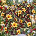 Digital mockup: front and back of one AlohaVero Christmas Golden Allamanda Plum Aloha No Pocket Hawaiian shirt