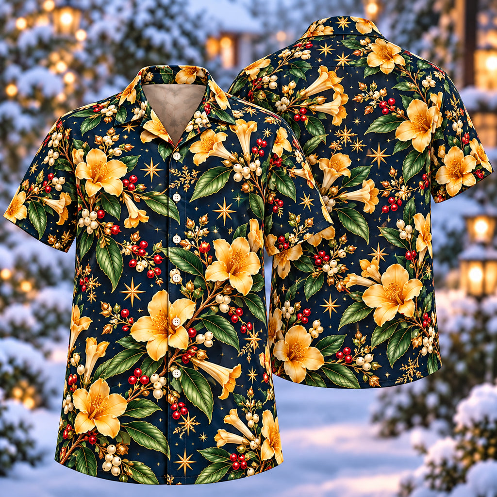 Digital mockup: front and back of one AlohaVero Christmas Golden Barleria Navy Aloha No Pocket Hawaiian shirt