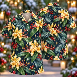 Christmas Golden Butterfly Ginger Navy Aloha Hawaiian Shirt