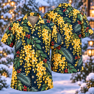 Christmas Golden Cassia Navy Aloha Hawaiian Shirt