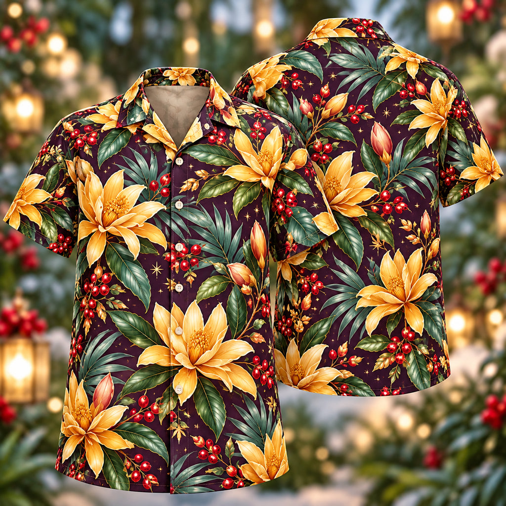 Digital mockup: front and back of one AlohaVero Christmas Golden Champaca Plum Aloha No Pocket Hawaiian shirt