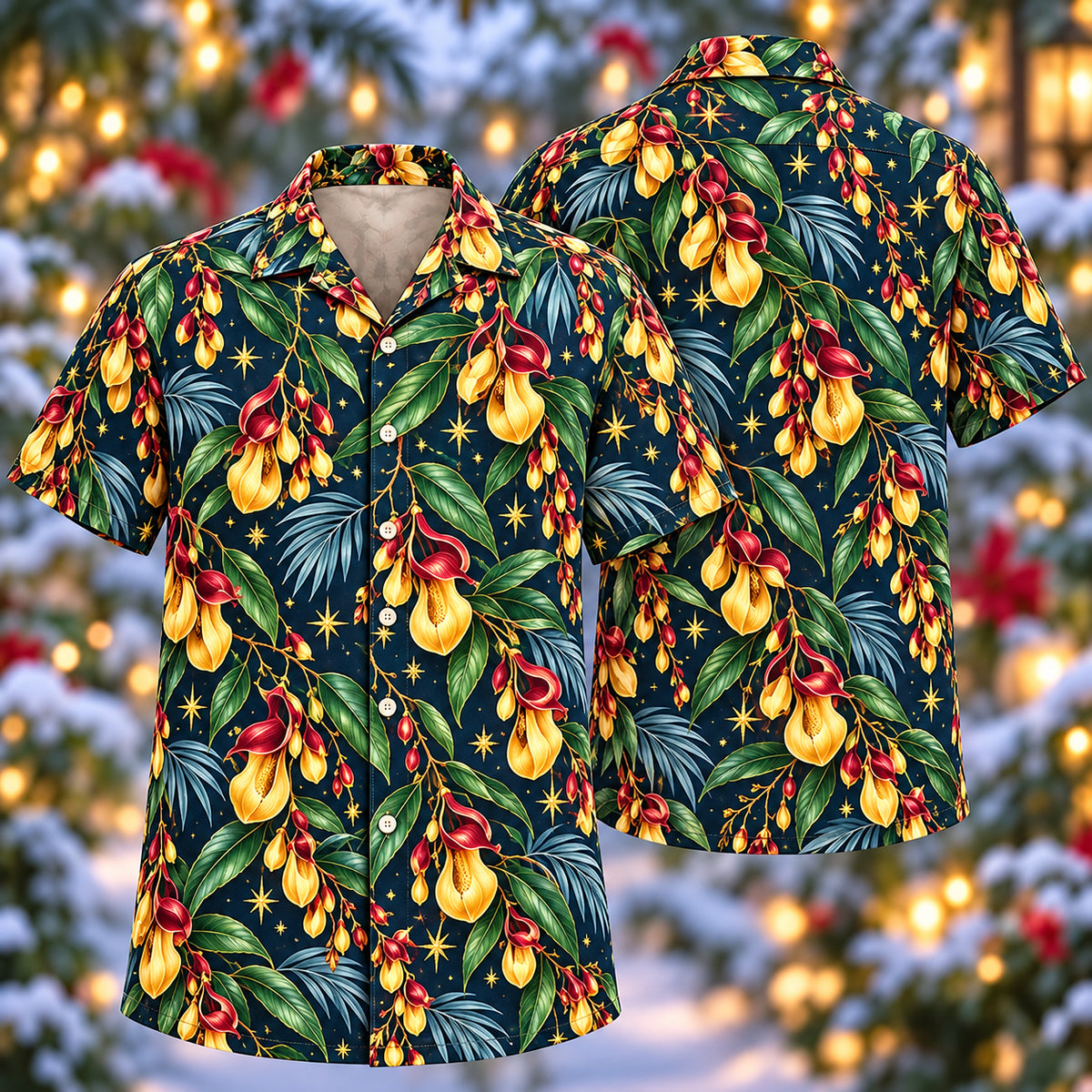 Digital mockup: front and back of one AlohaVero Christmas Golden Clock Vine Indigo Aloha No Pocket Hawaiian shirt