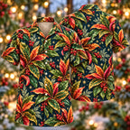 Digital mockup: front and back of one AlohaVero Christmas Golden Coral Croton Navy Aloha No Pocket Hawaiian shirt