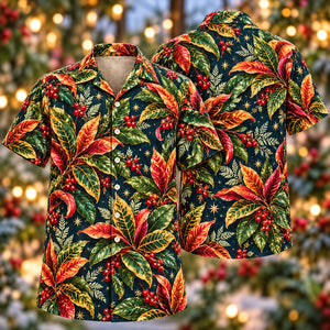 Christmas Golden Coral Croton Navy Aloha Hawaiian Shirt